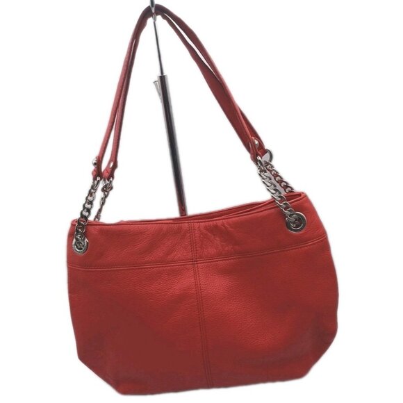 Tignanello Pebble Leather Chain Tote Handbag Purse Tomato Red Shoulder Bag Large - Picture 9 of 15